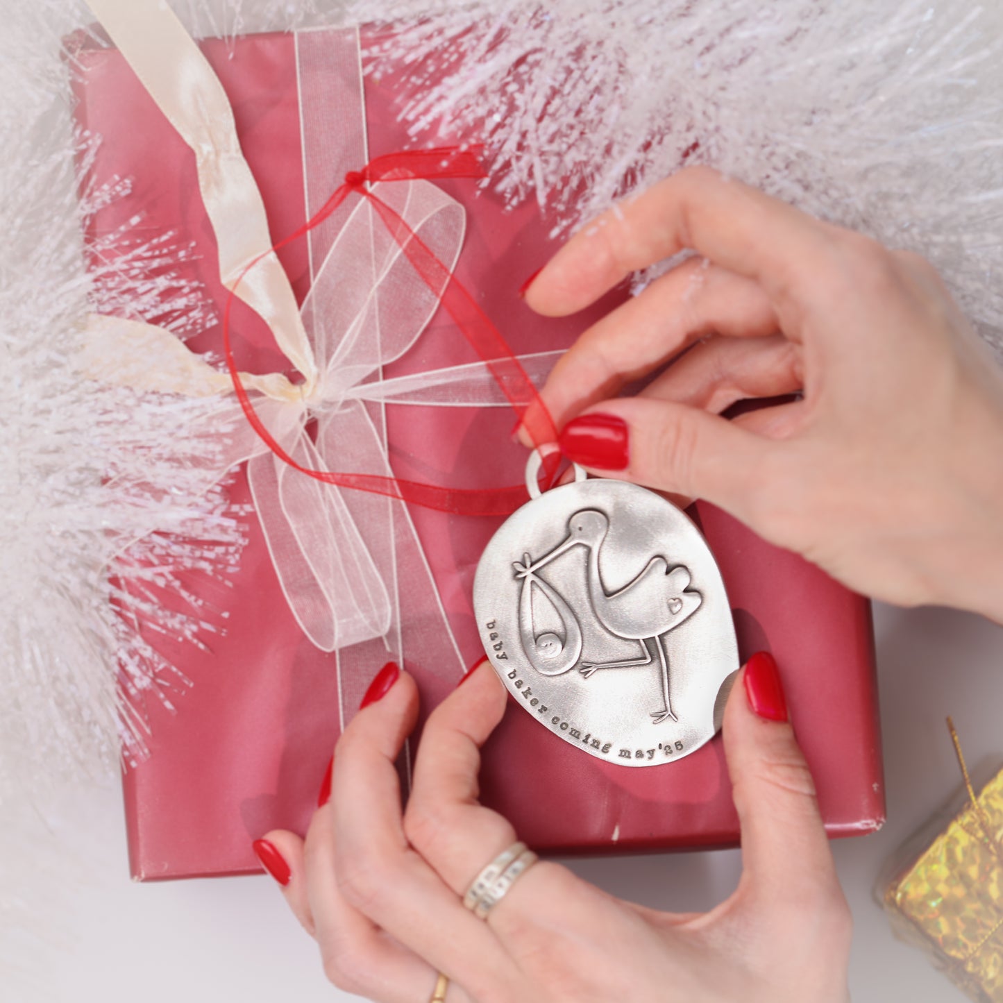 Stork Birth Announcement Ornament (Pewter)