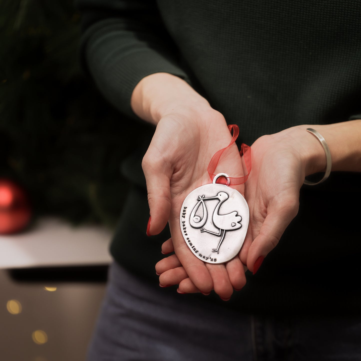 Stork Birth Announcement Ornament (Pewter)