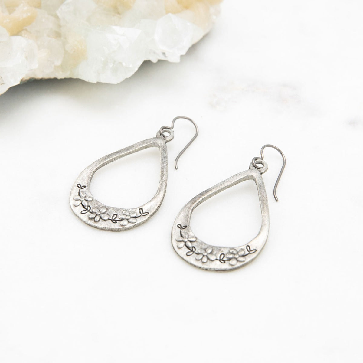 Bud and Blossom Drop Earrings (Pewter)