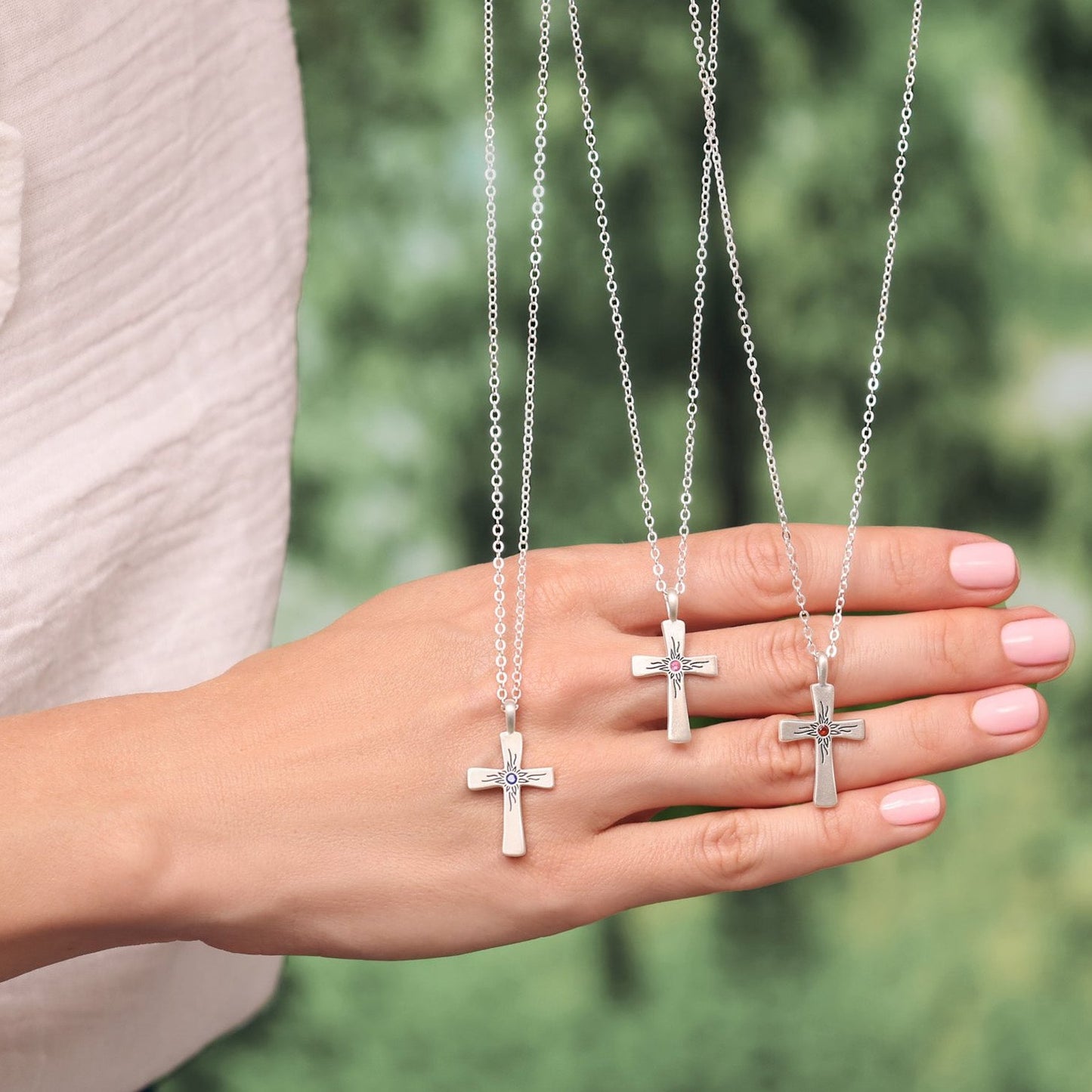 Abundant Birthstone Cross Necklace (Sterling Silver)