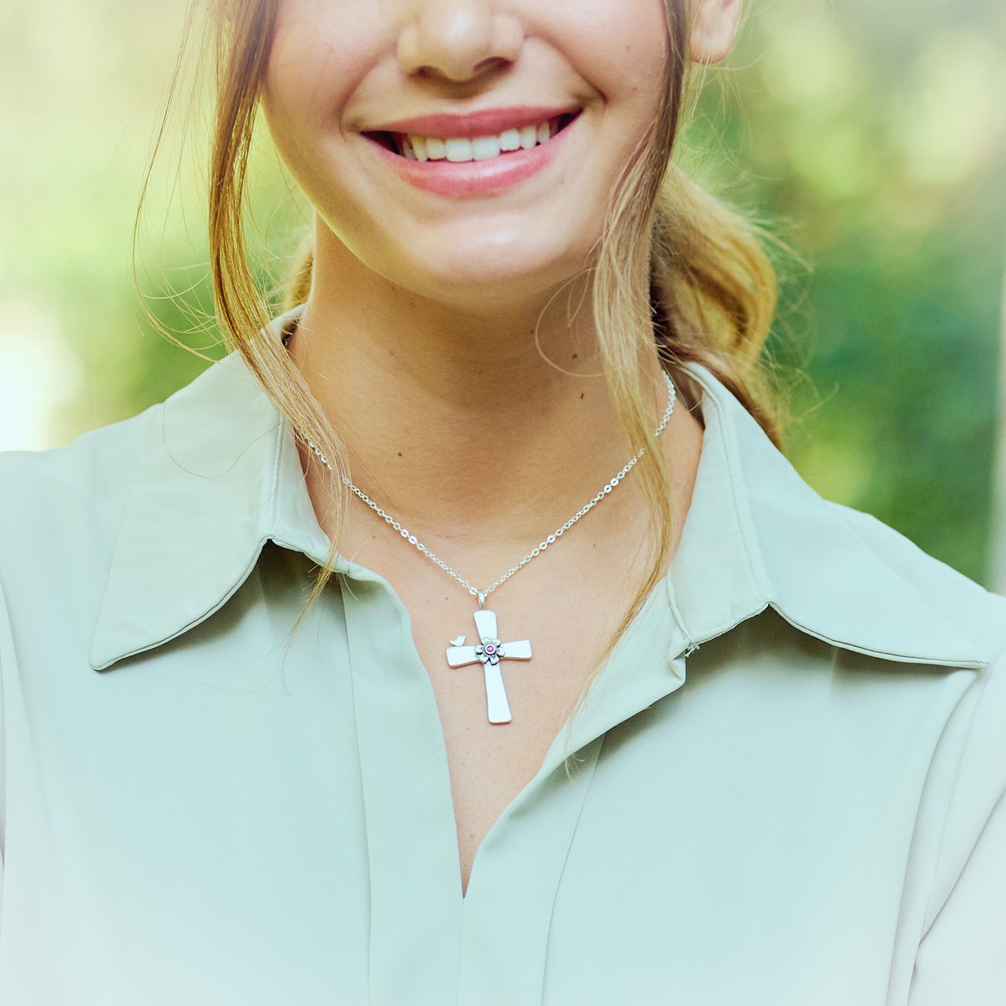 Birdie Birthstone Bloom Cross Necklace (Sterling Silver)
