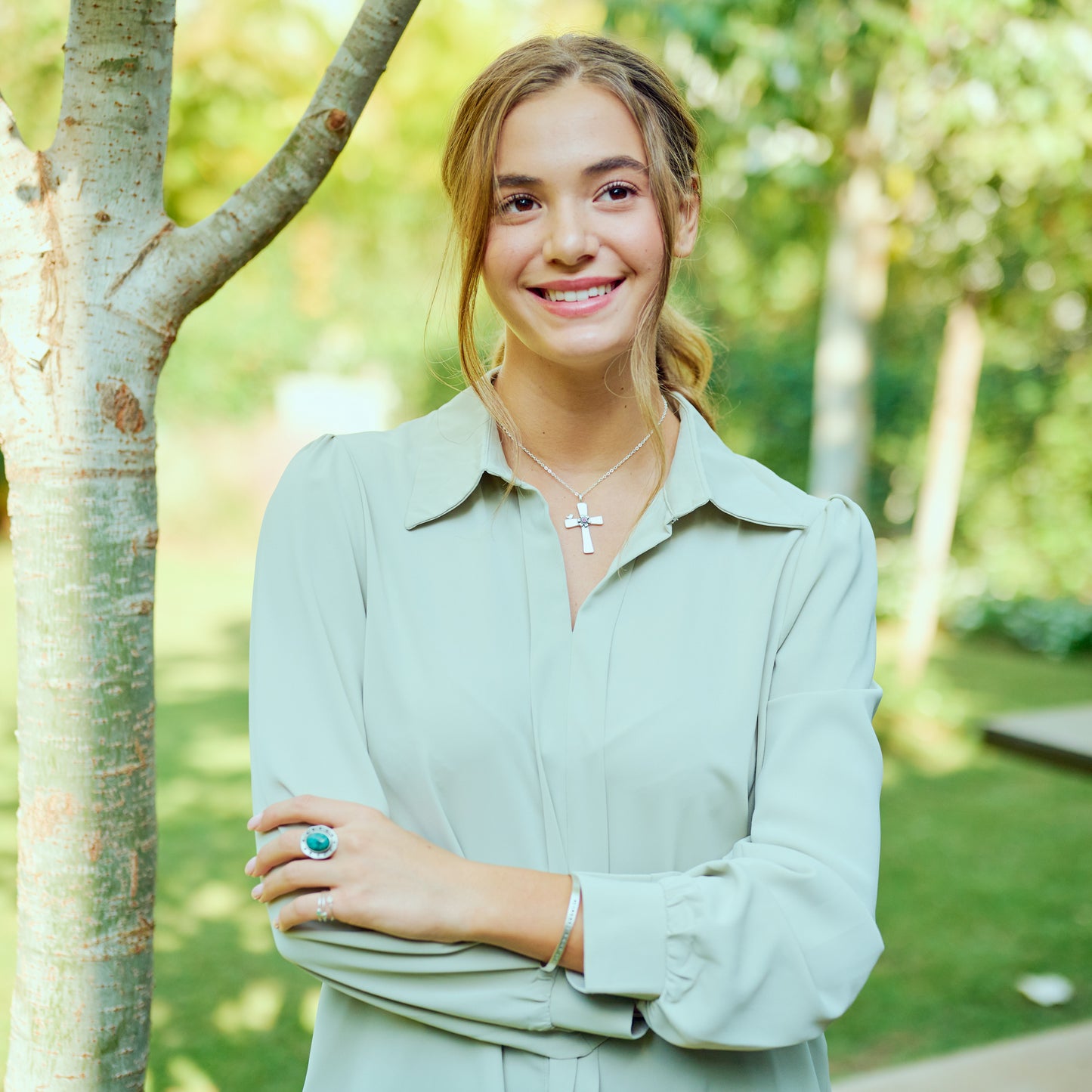 Birdie Birthstone Bloom Cross Necklace (Sterling Silver)