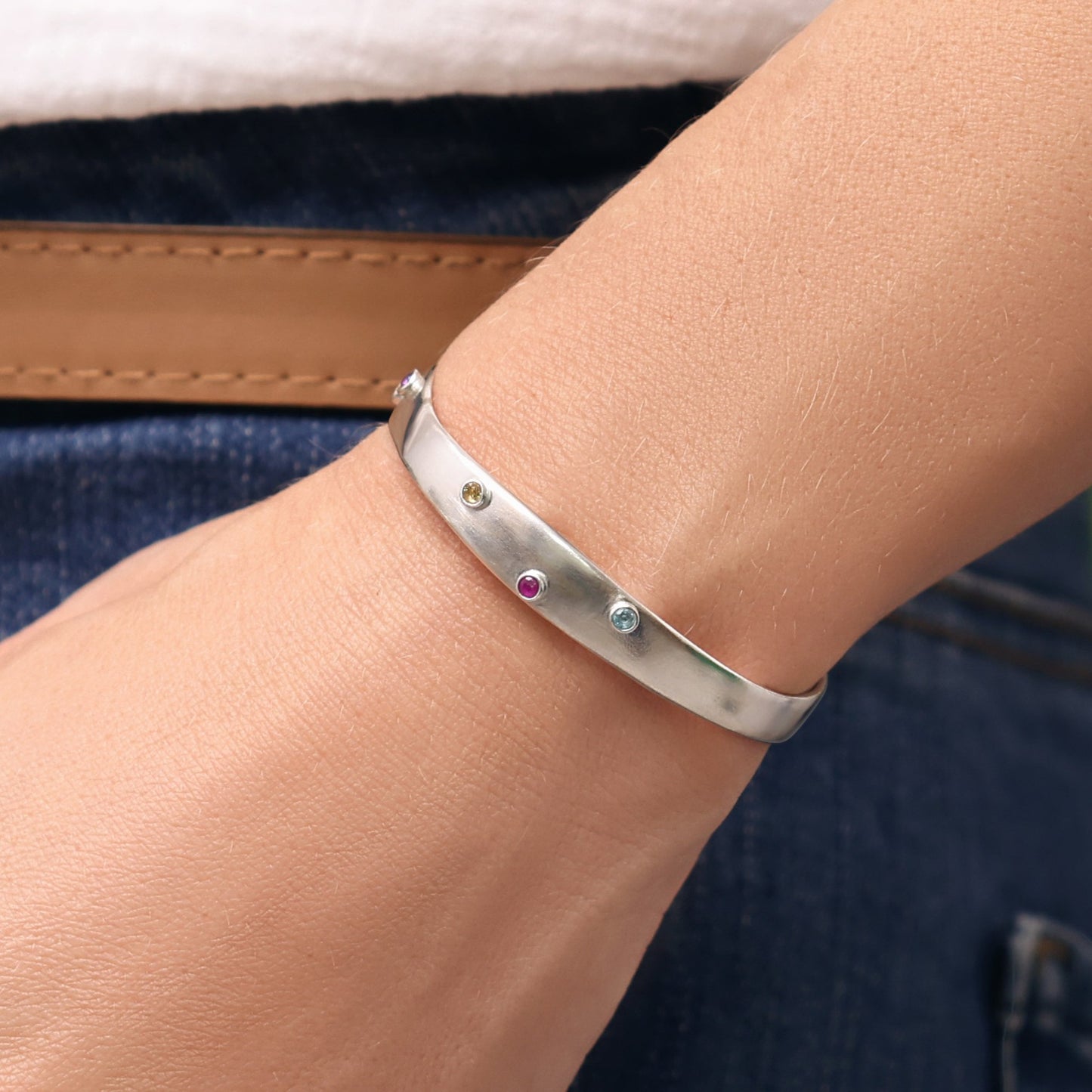 Always Together Bezel Birthstone Cuff (Sterling Silver)
