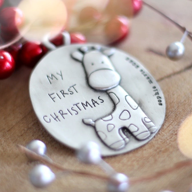 My First Christmas Ornament Giraffe in pewter personalizable up to 18 characters