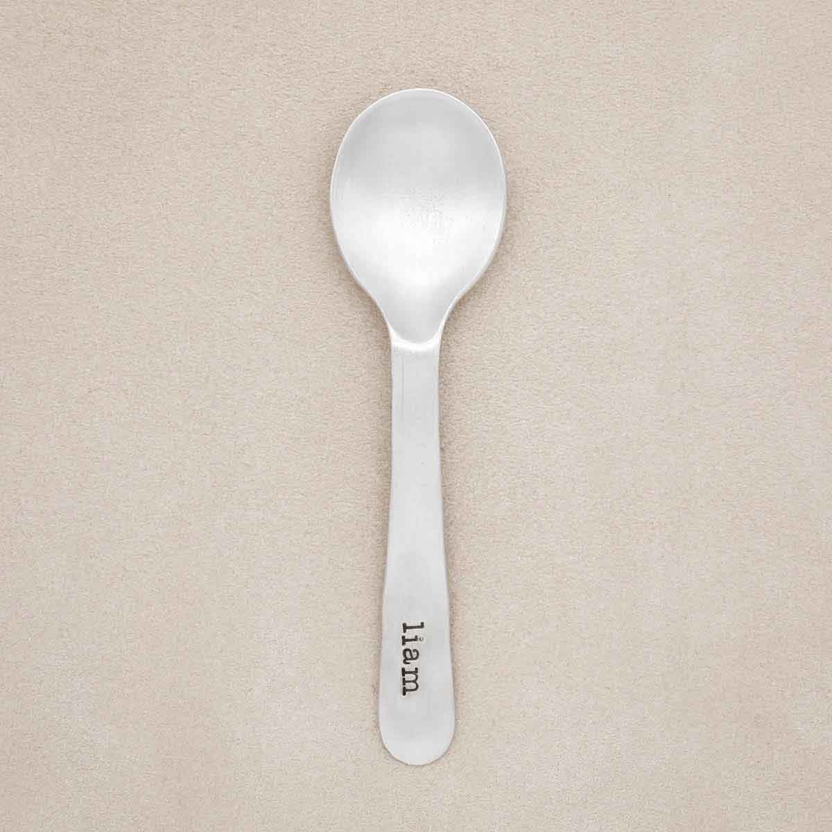 Adorable Baby’s First Spoon, handcrafted in pewter and personalized with a name