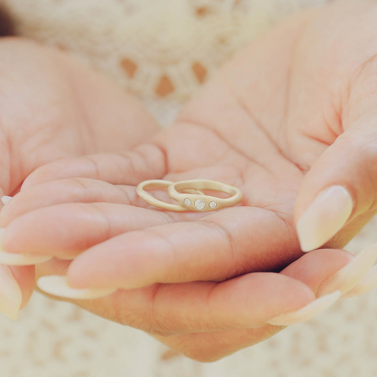 Be mine ring pair hand-molded and cast in 14k yellow gold set with a 3mm birthstone or a diamond