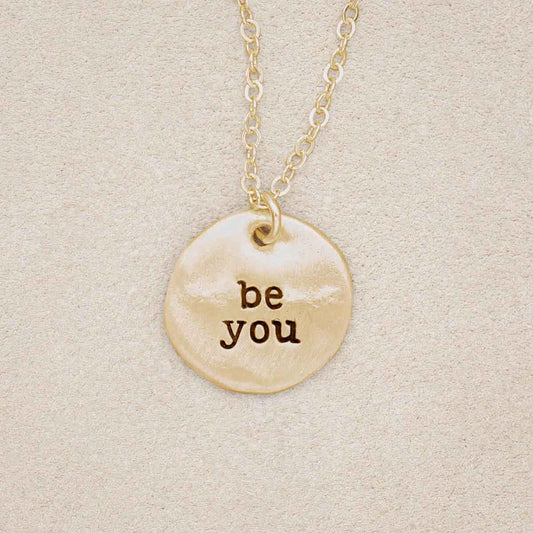 Be you disc necklace handcrafted in 14k yellow gold personalized with engraved names, dates, or message