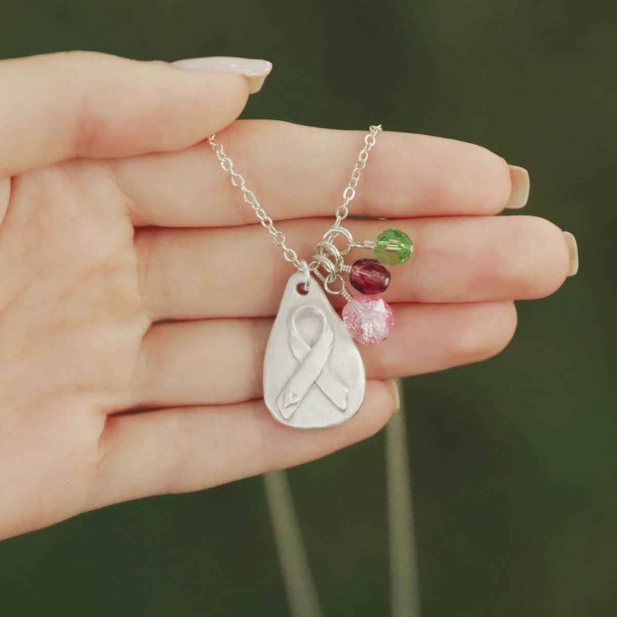 Cancer awareness necklace handcrafted in sterling silver with a matte brushed finish