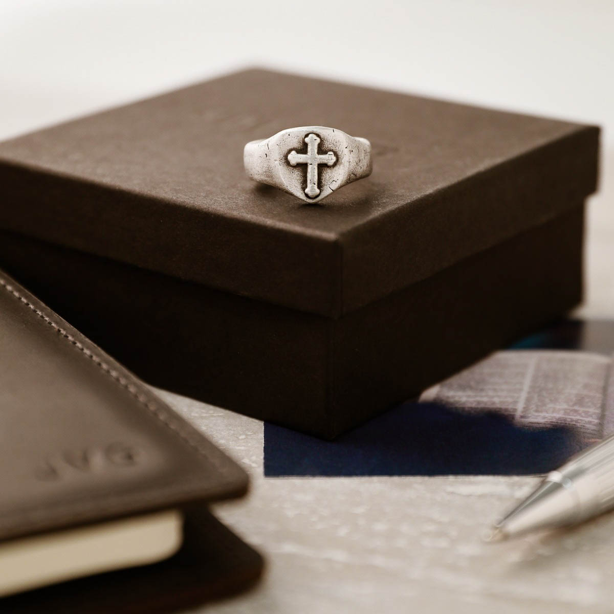 Faith Hope and Love Cross Signet ring handcrafted in sterling silver with an antiqued finish