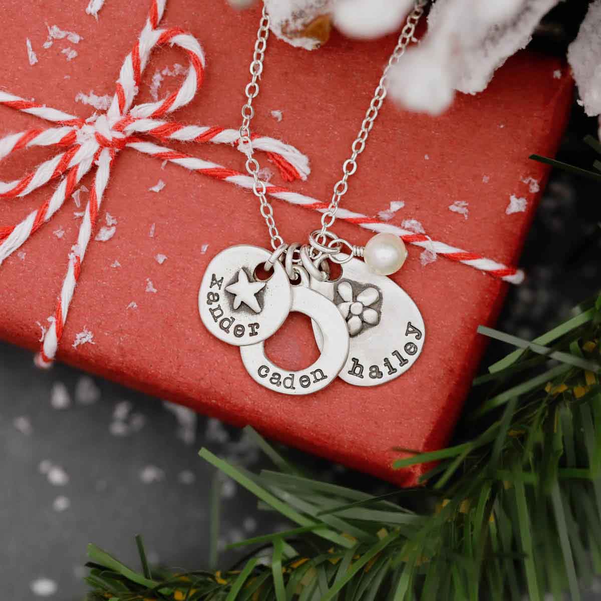 personalized sterling silver charms and strung on silver link chain with a freshwater pearl