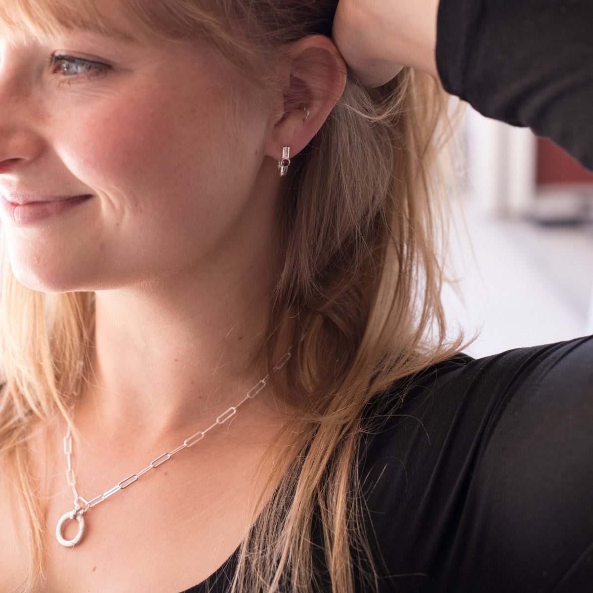 Bezel Birthstone Hoop Earrings (Sterling Silver)