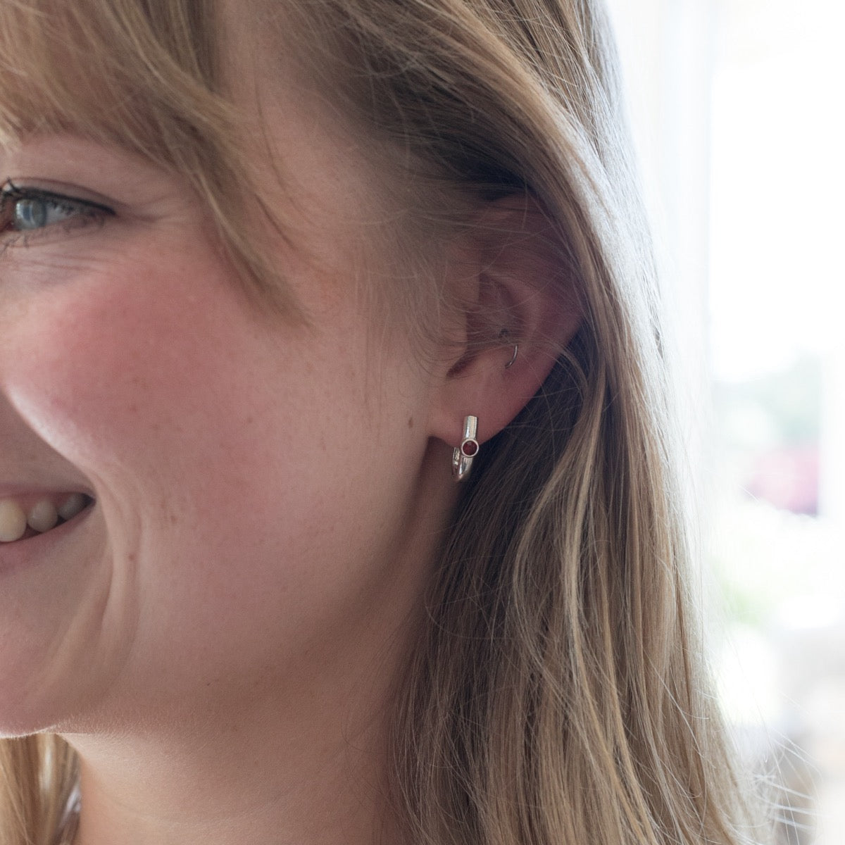 Bezel Birthstone Hoop Earrings (Sterling Silver)