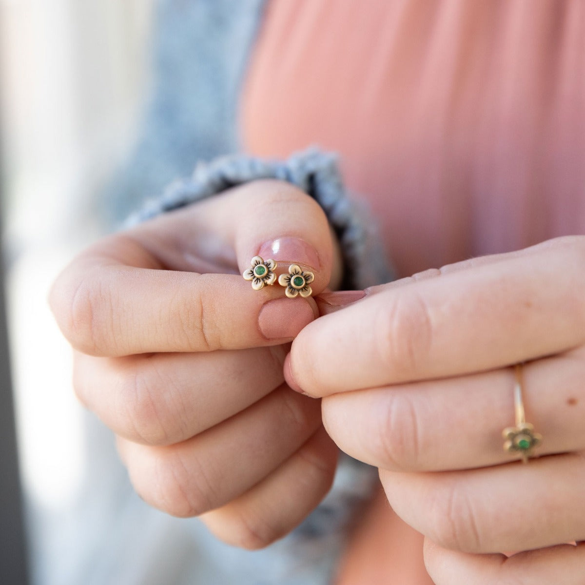 Birthstone Bloom Stud Earrings (14K Solid Gold)