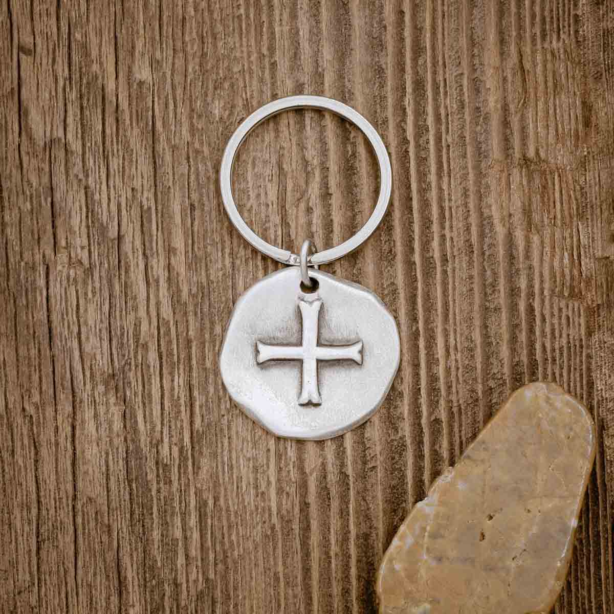 Roman Cross Coin Key Ring (Sterling Silver)