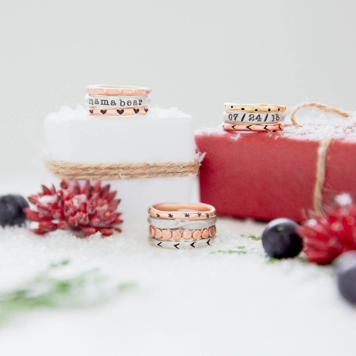 on red and white gift boxes