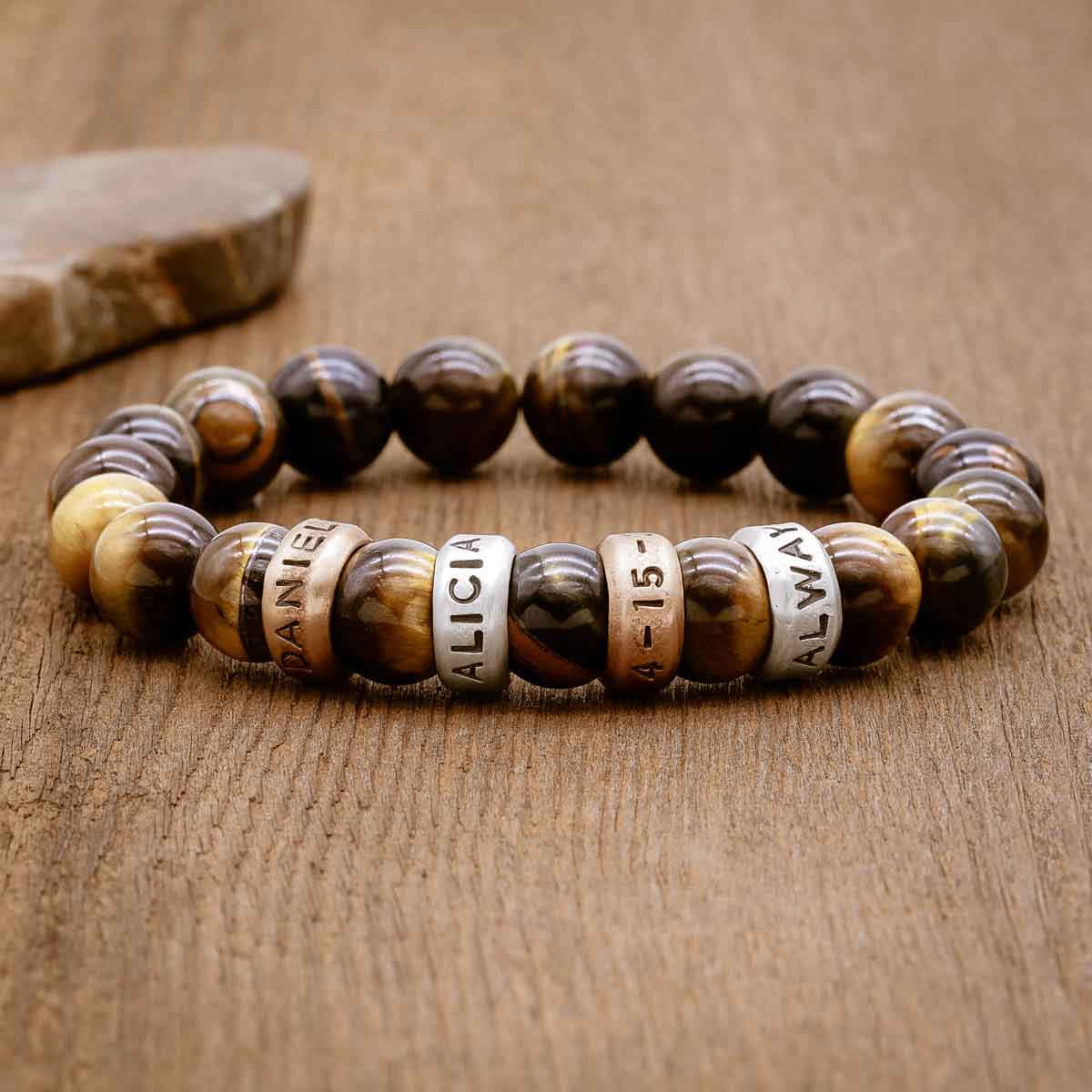 Tiger Eye Beaded Name Bracelet, with your choice of sterling silver or bronze beads, customizable with names or dates.