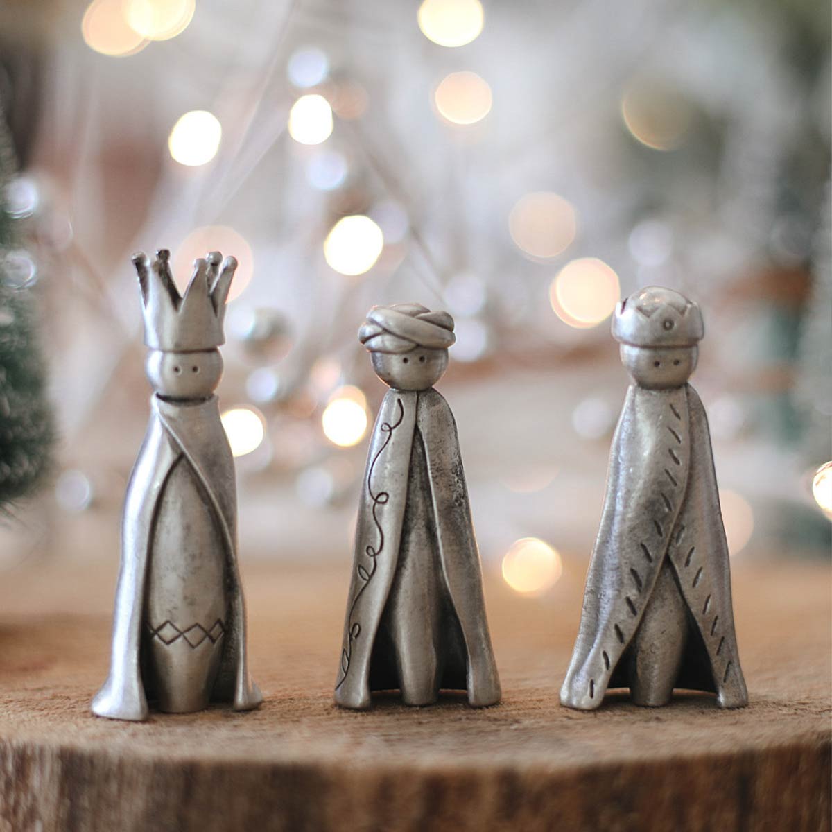 three wisemen and camel nativity figurine set handcrafted and cast in fine pewter in a nativity scene
