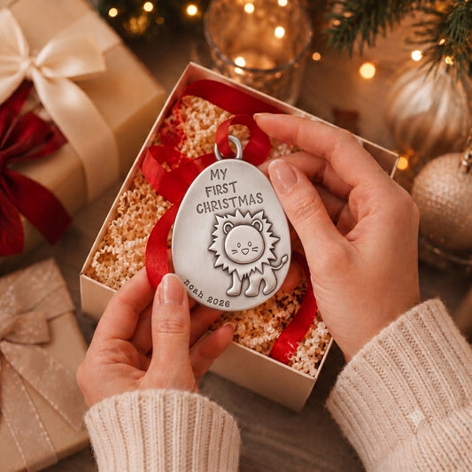 Playful Lion First Christmas Ornament (Pewter)