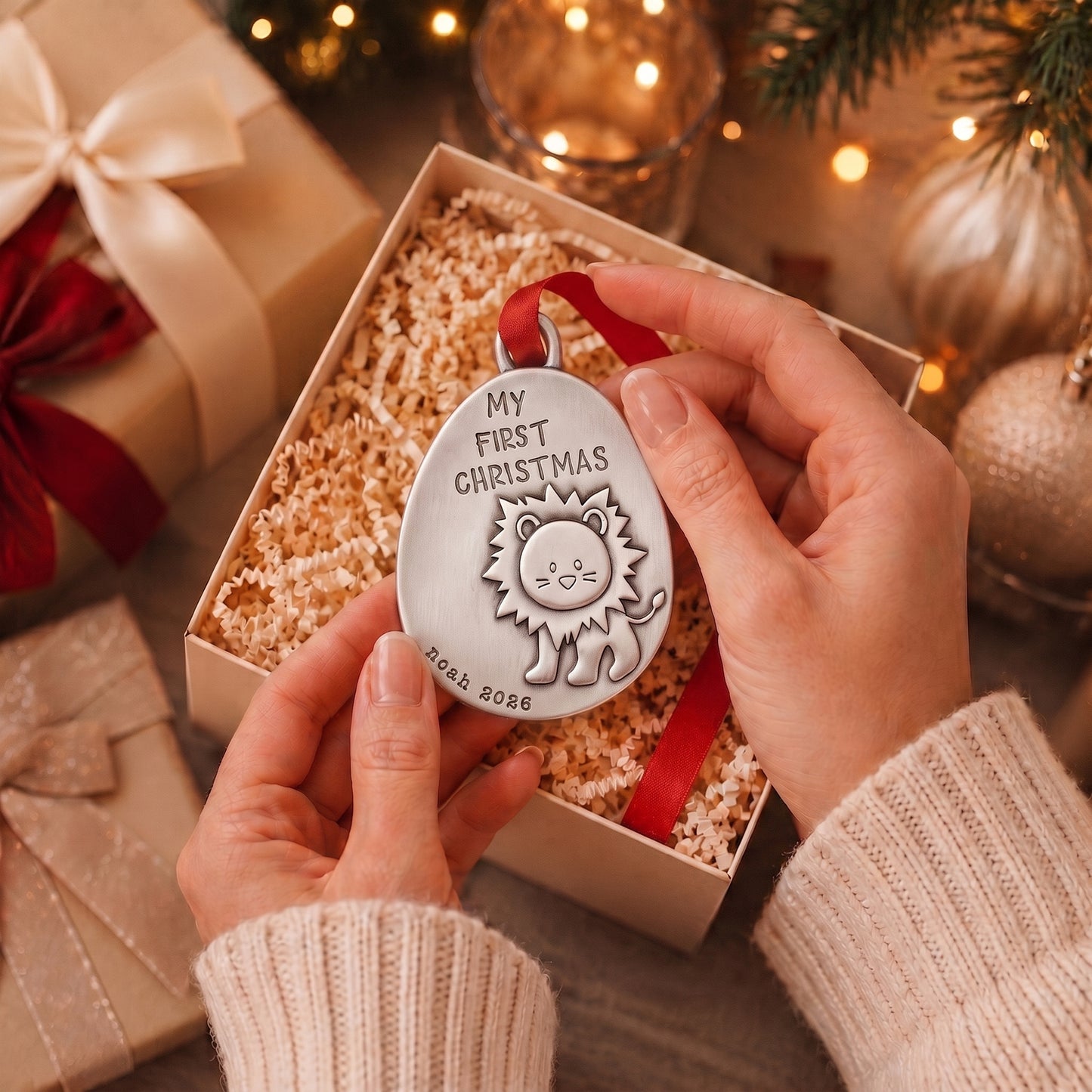 Playful Lion First Christmas Ornament (Pewter)