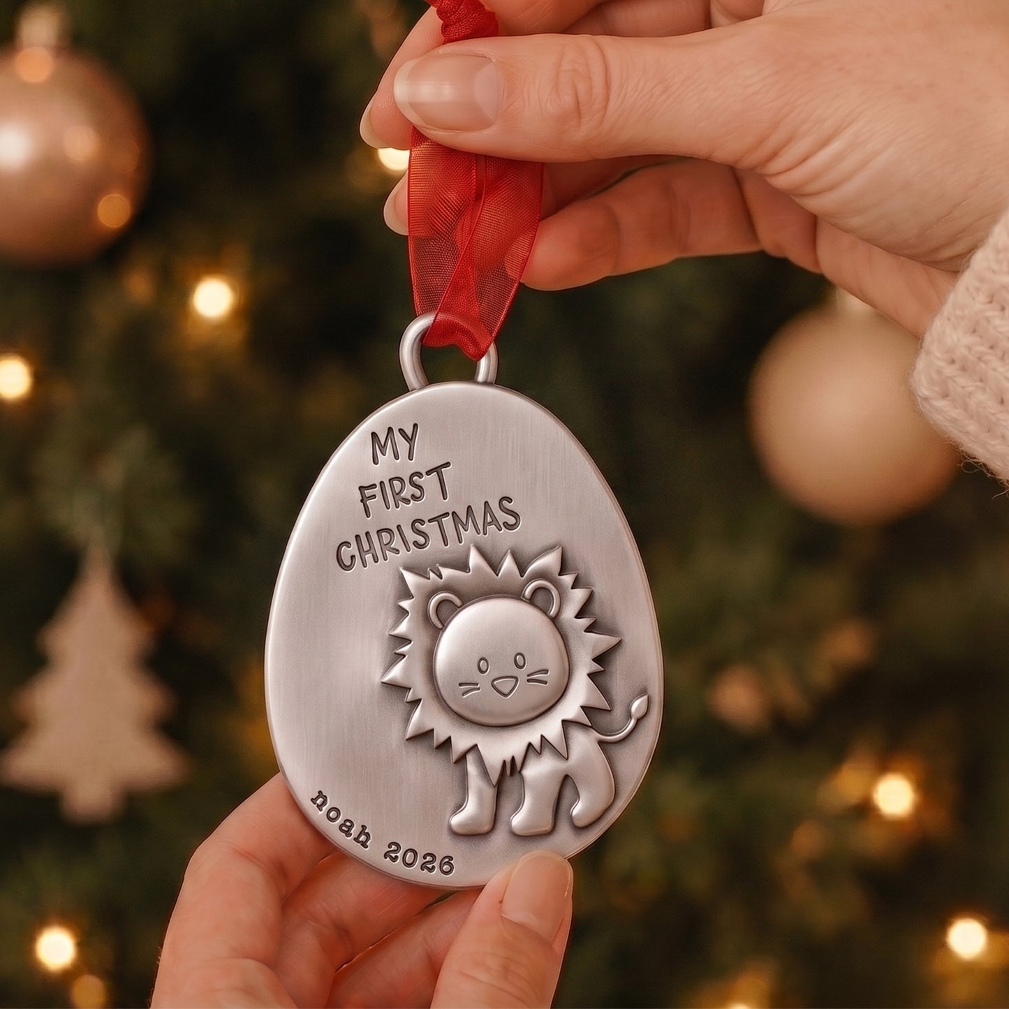 Playful Lion First Christmas Ornament (Pewter)