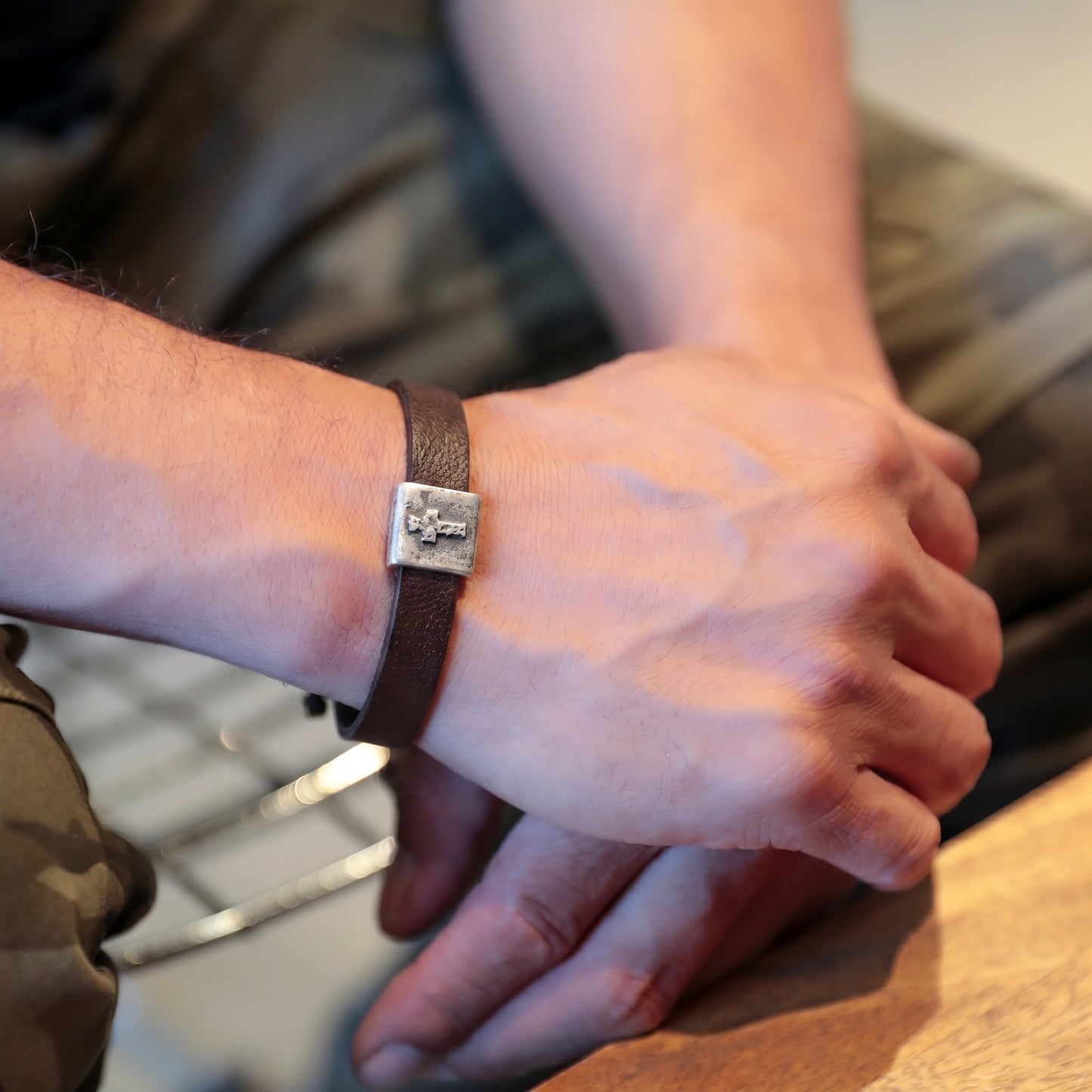 Equitable Leather Cross Bracelet (Dark Brown, Pewter)