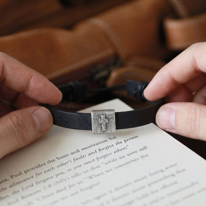 Equitable Leather Cross Bracelet (Black, Pewter)