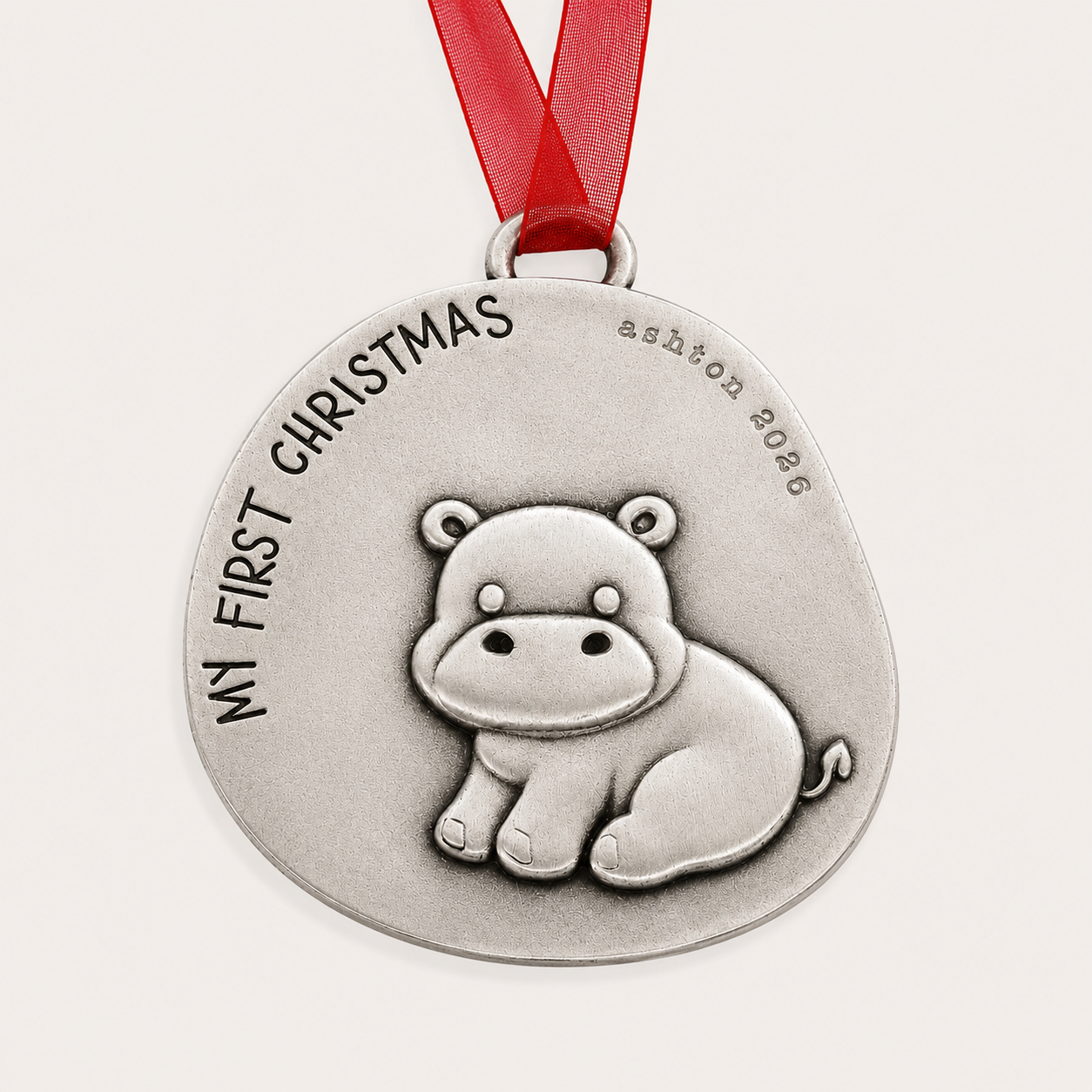 Happy Hippo First Christmas Ornament (Pewter)