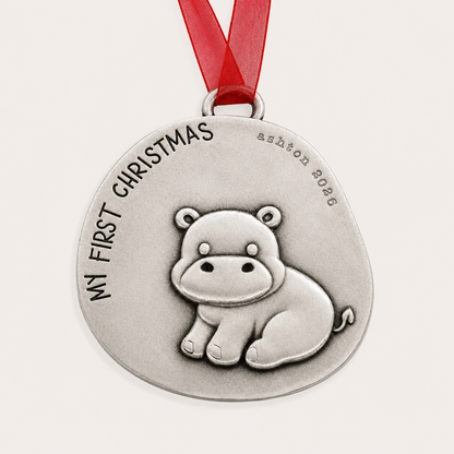 Happy Hippo First Christmas Ornament (Pewter)