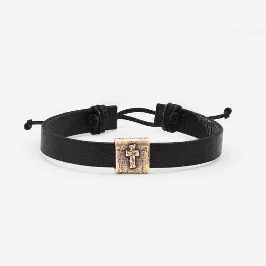 Equitable Leather Cross Bracelet (Black, Gold-Plated)