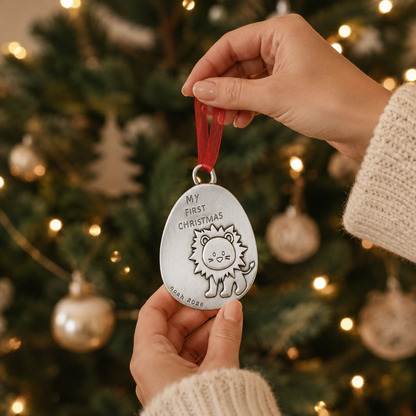 Playful Lion First Christmas Ornament (Pewter)