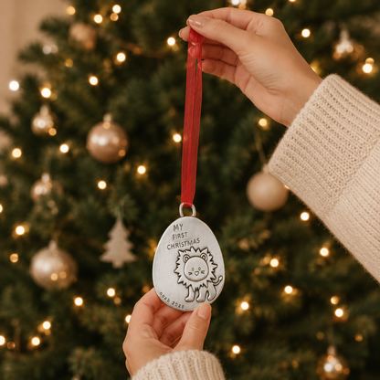 Playful Lion First Christmas Ornament (Pewter)