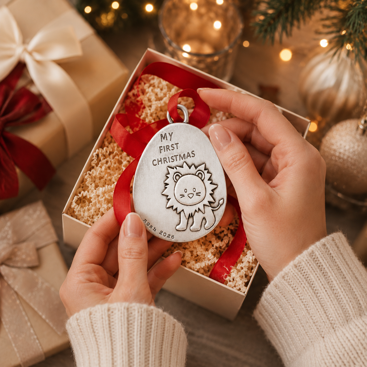 Playful Lion First Christmas Ornament (Pewter)