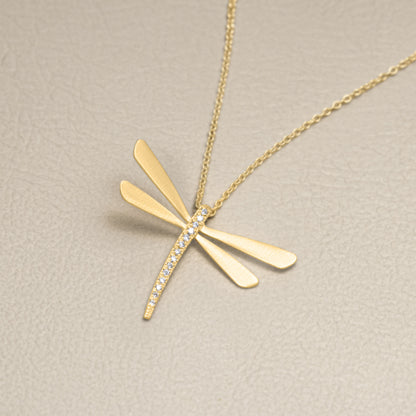 Dragonfly Diamond Necklace - Large (14K Solid Gold)