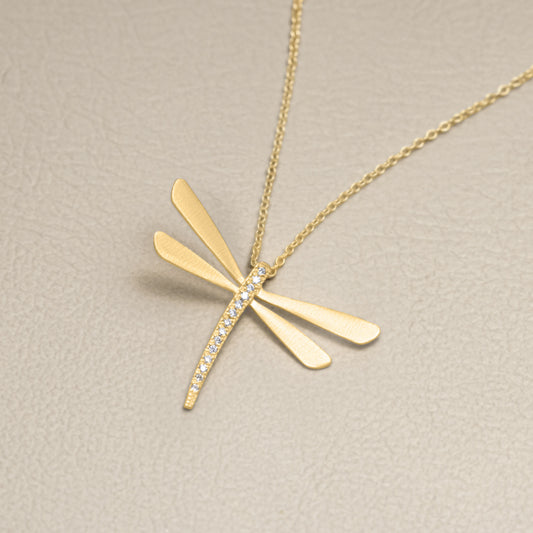 Dragonfly Diamond Necklace - Large (14K Solid Gold)