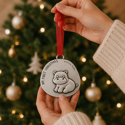 Happy Hippo First Christmas Ornament (Pewter)