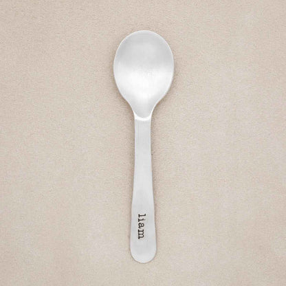 Adorable Baby’s First Spoon, handcrafted in pewter and personalized with a name