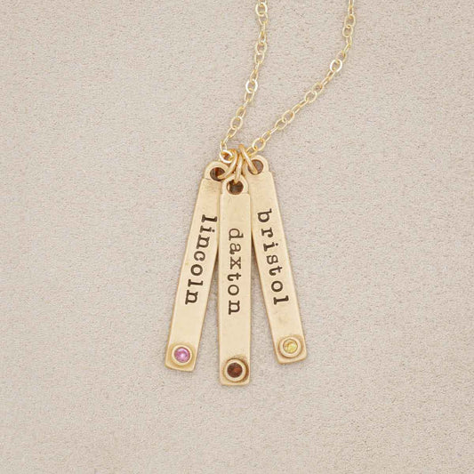 Bezel birthstone necklace handcrafted in 14k yellow gold with choice of genuine stone or diamond and personalized with a special name