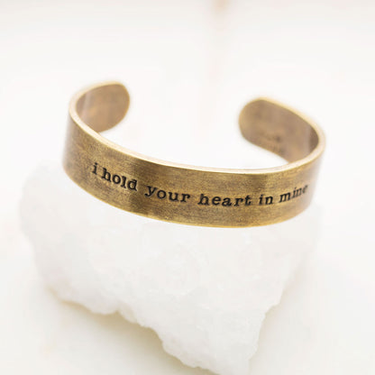 Handcrafted artisan bronze-plated pewter I hold your heart cuff bracelet