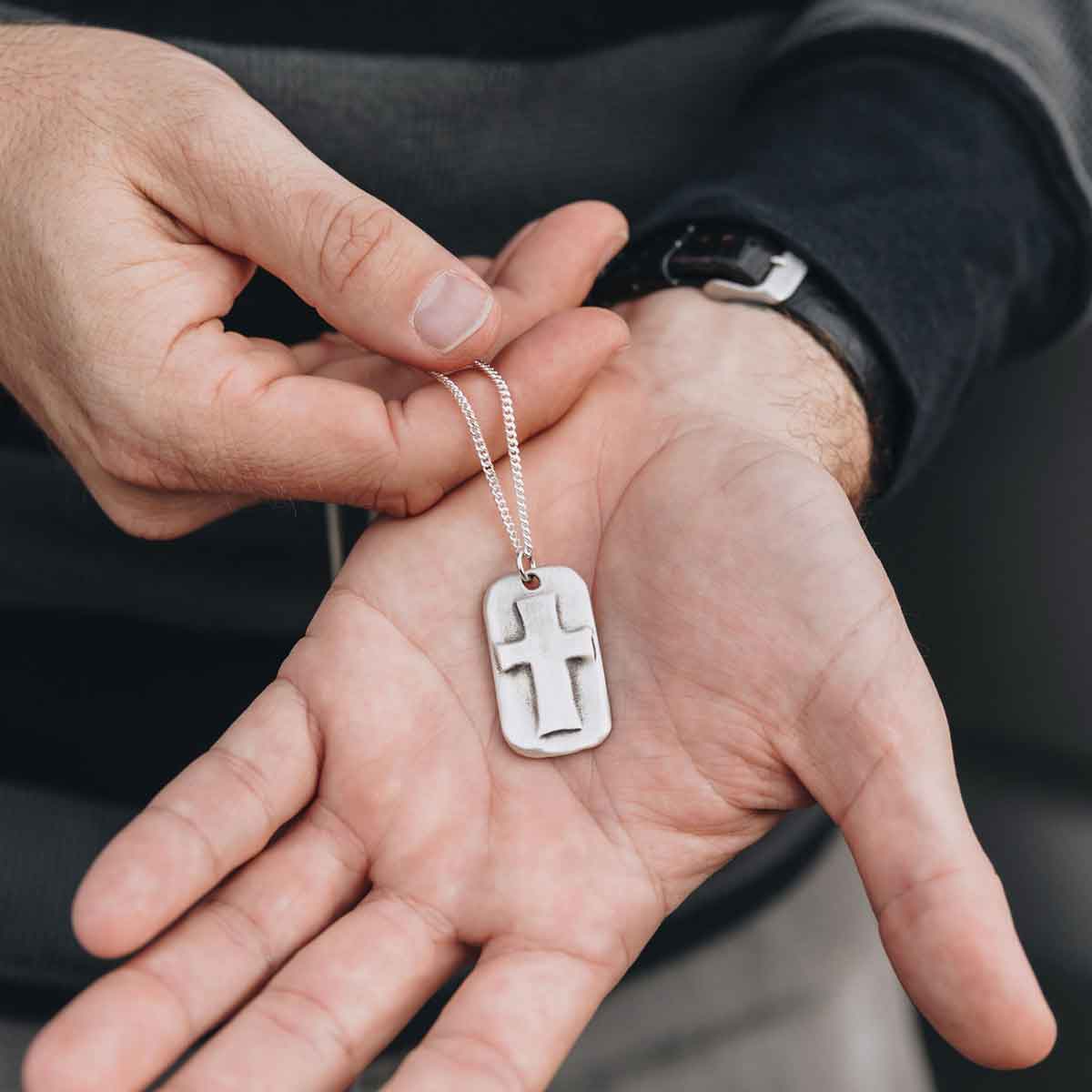 Prevail Cross Dog Tag Necklace (Sterling Silver)