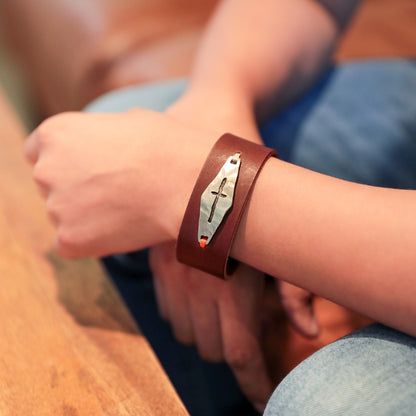 Identity Cross Leather Cuff (Brown)