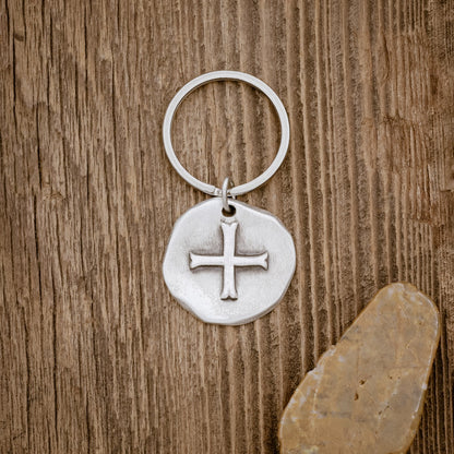 Roman Cross Coin Key Ring (Sterling Silver)