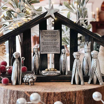 A savior is born pewter nativity set with 11 pewter pieces including Mary