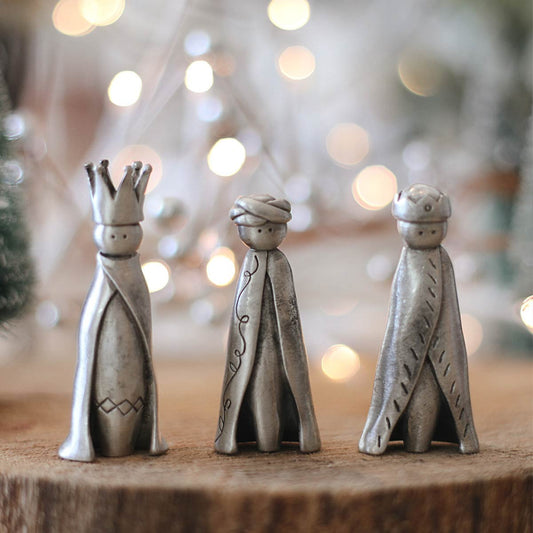 three wisemen and camel nativity figurine set handcrafted and cast in fine pewter in a nativity scene